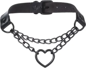 FM FM42 PU Simulated Leather Gothic Punk Black-tone Silver-tone Heart Ring Cuban Curb Link Chain Adjustable Neckband Collar Choker