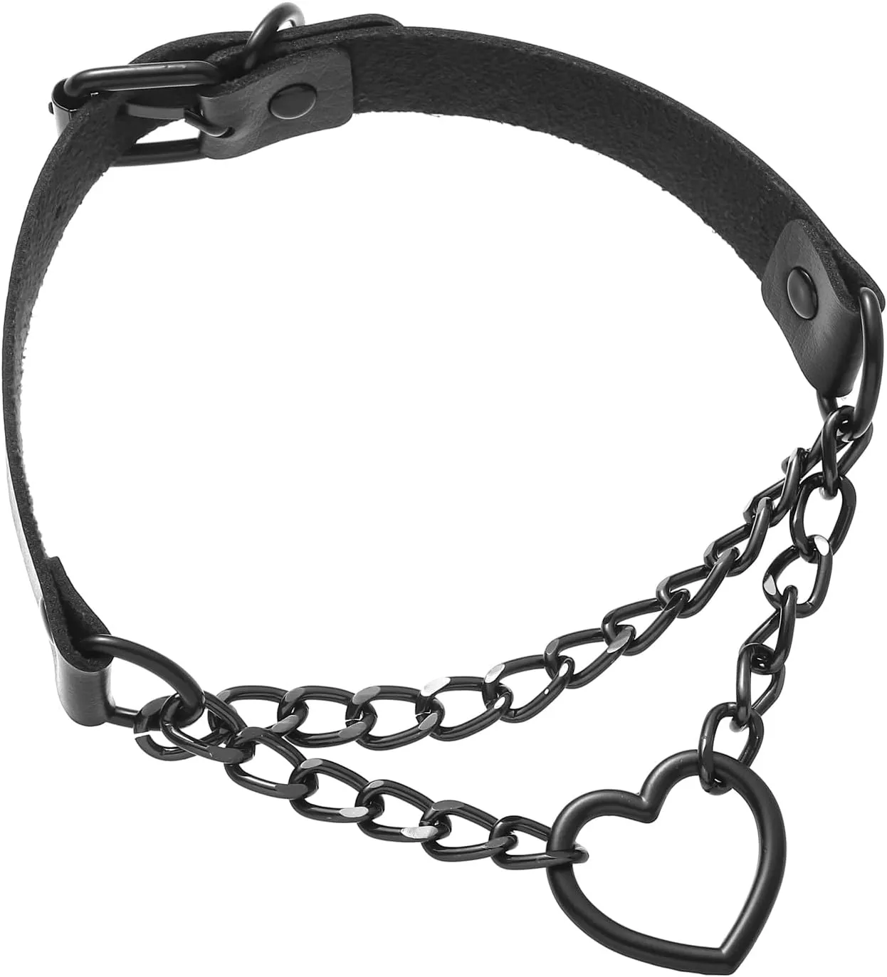 FM FM42 PU Simulated Leather Gothic Punk Black-tone Silver-tone Heart Ring Cuban Curb Link Chain Adjustable Neckband Collar Choker