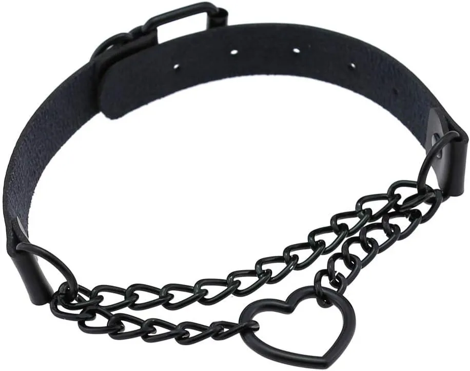 FM FM42 PU Simulated Leather Gothic Punk Black-tone Silver-tone Heart Ring Cuban Curb Link Chain Adjustable Neckband Collar Choker