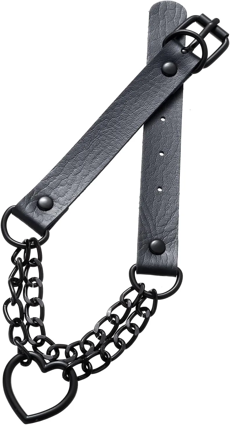 FM FM42 PU Simulated Leather Gothic Punk Black-tone Silver-tone Heart Ring Cuban Curb Link Chain Adjustable Neckband Collar Choker