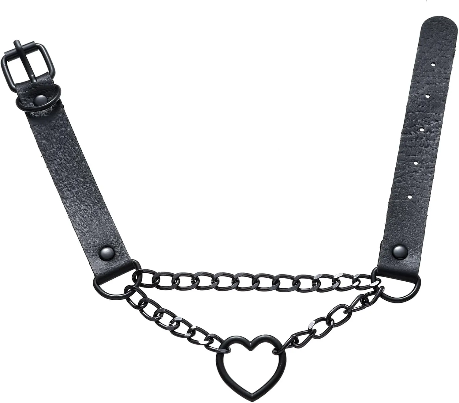FM FM42 PU Simulated Leather Gothic Punk Black-tone Silver-tone Heart Ring Cuban Curb Link Chain Adjustable Neckband Collar Choker
