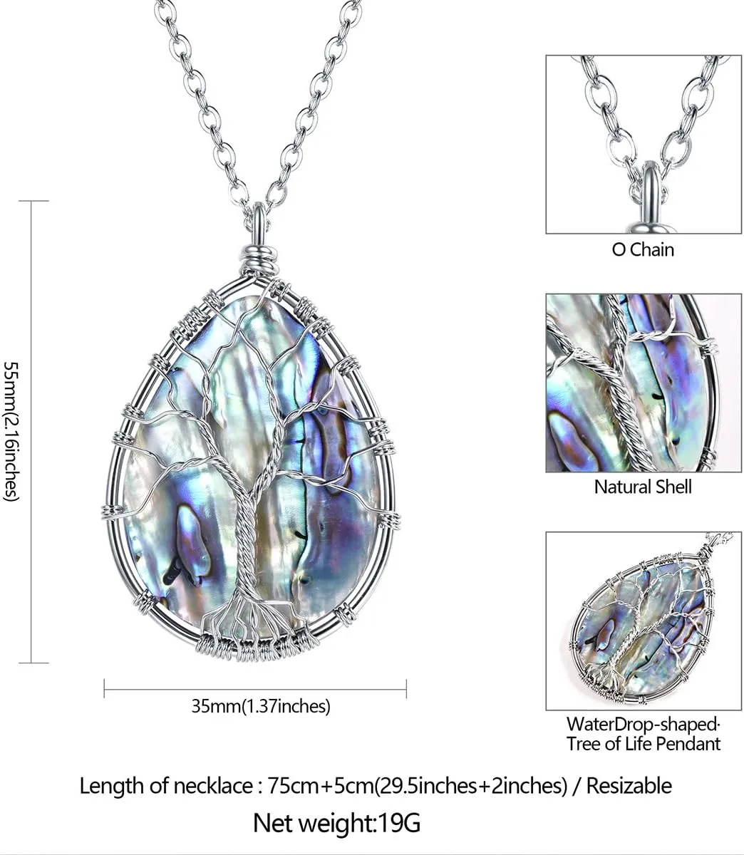 FOCALOOK Stainless Steel Wire Wrapped Tree of Life Abalone Necklaces Handmade Costume Jewelry Long Necklaces for Women (Send Gift Box)