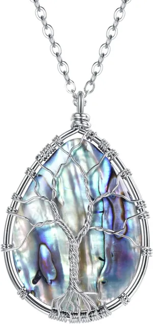 FOCALOOK Stainless Steel Wire Wrapped Tree of Life Abalone Necklaces Handmade Costume Jewelry Long Necklaces for Women (Send Gift Box)