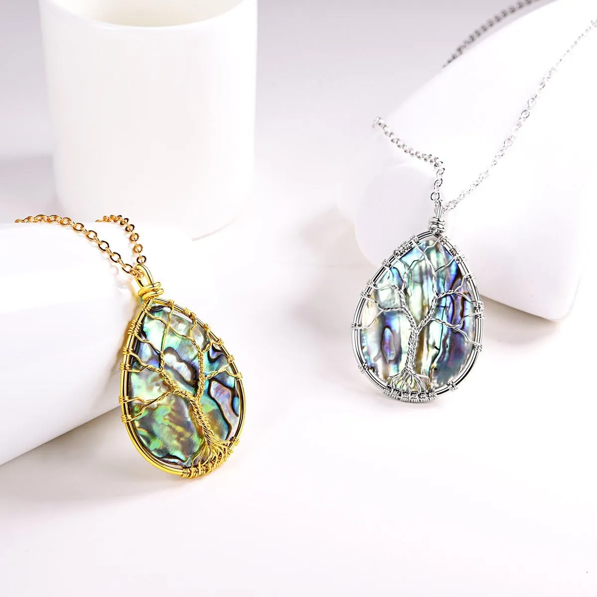 FOCALOOK Stainless Steel Wire Wrapped Tree of Life Abalone Necklaces Handmade Costume Jewelry Long Necklaces for Women (Send Gift Box)