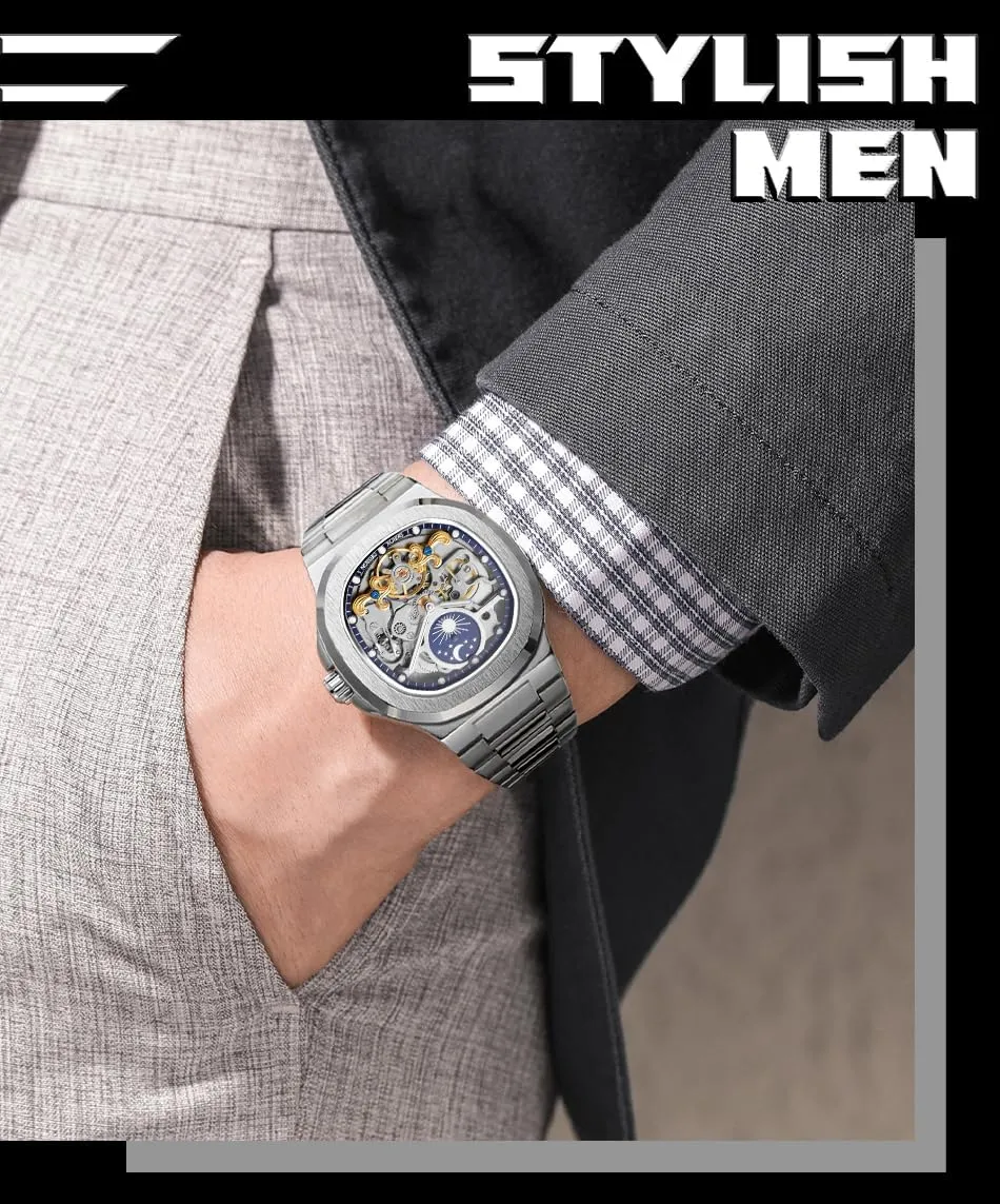 FORSINING Men's Luxury Automatic Self Wind Skeleton Analogue Sun and Moon Watch with Stainless Steel Strap