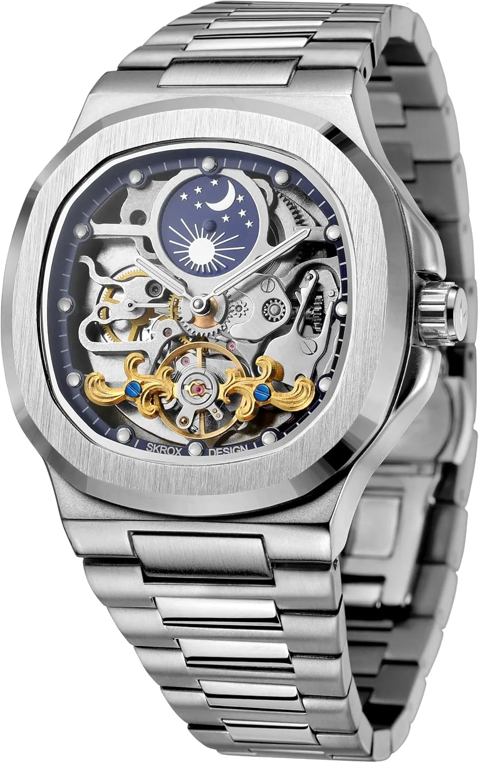FORSINING Men's Luxury Automatic Self Wind Skeleton Analogue Sun and Moon Watch with Stainless Steel Strap