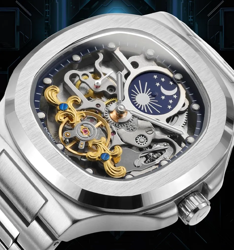 FORSINING Men's Luxury Automatic Self Wind Skeleton Analogue Sun and Moon Watch with Stainless Steel Strap
