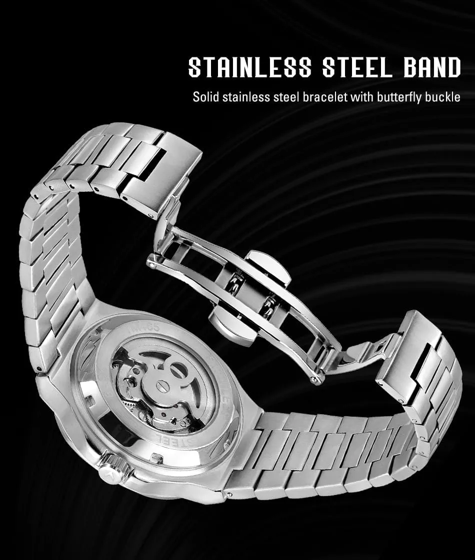 FORSINING Men's Luxury Automatic Self Wind Skeleton Analogue Sun and Moon Watch with Stainless Steel Strap