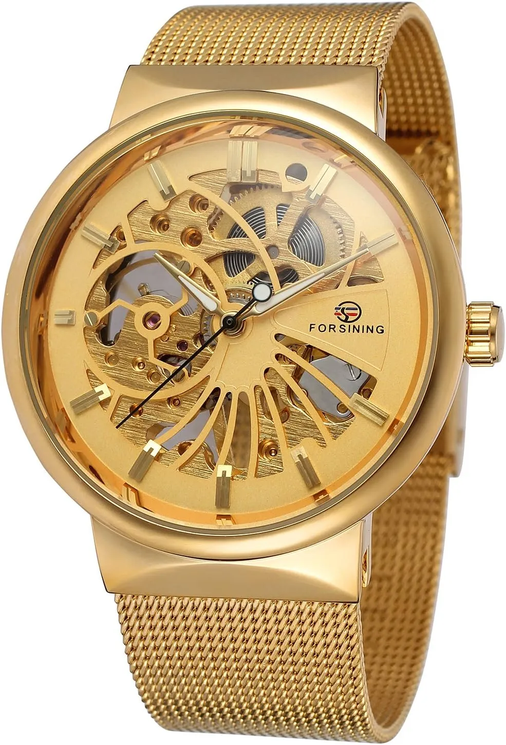 FORSINING Men's Popular Mechanical Hand-Wind Ultra Thin Stainless Steel Bracelet Mesh Skeleton Watch