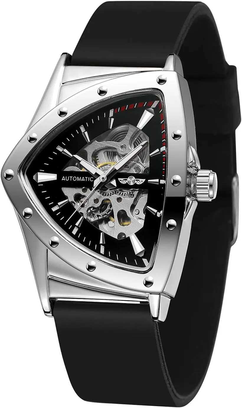 FORSINING New Men Waterproof Skeleton Triangular Mechanical Wrist Watch with Silicone Strap