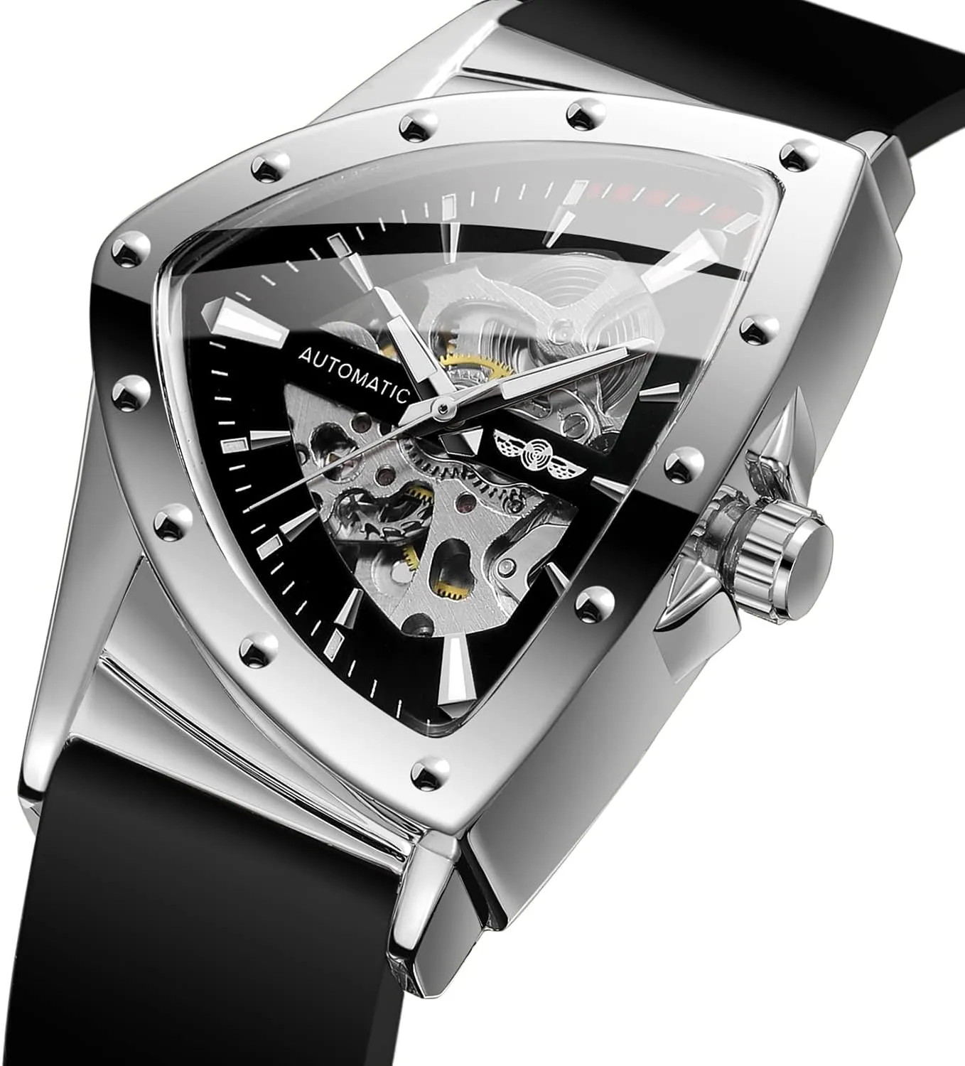 FORSINING New Men Waterproof Skeleton Triangular Mechanical Wrist Watch with Silicone Strap