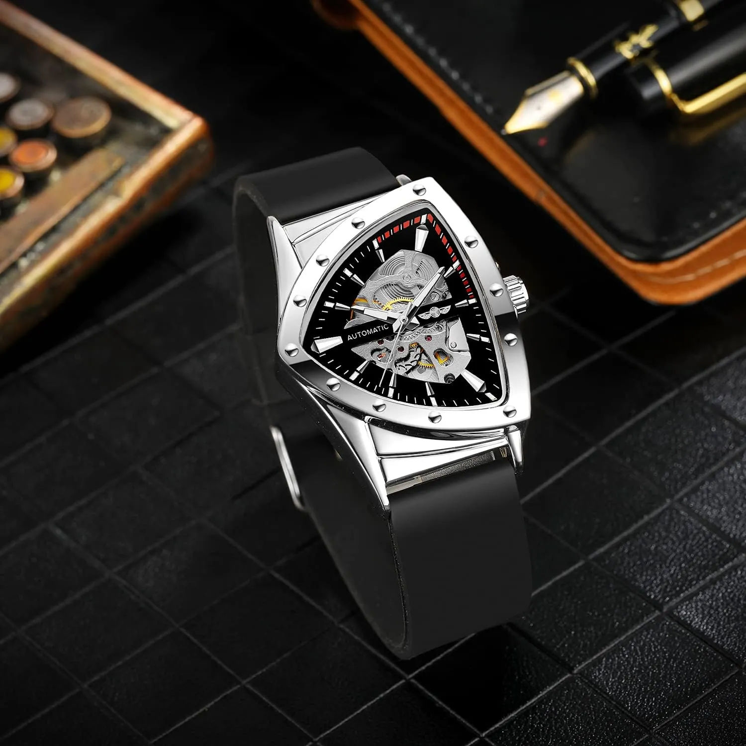 FORSINING New Men Waterproof Skeleton Triangular Mechanical Wrist Watch with Silicone Strap