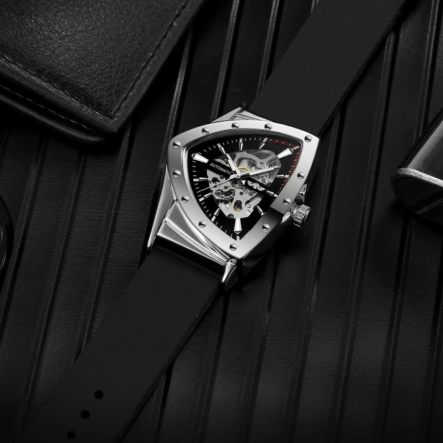 FORSINING New Men Waterproof Skeleton Triangular Mechanical Wrist Watch with Silicone Strap