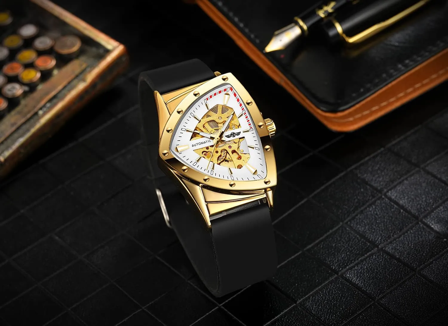 FORSINING New Men Waterproof Skeleton Triangular Mechanical Wrist Watch with Silicone Strap