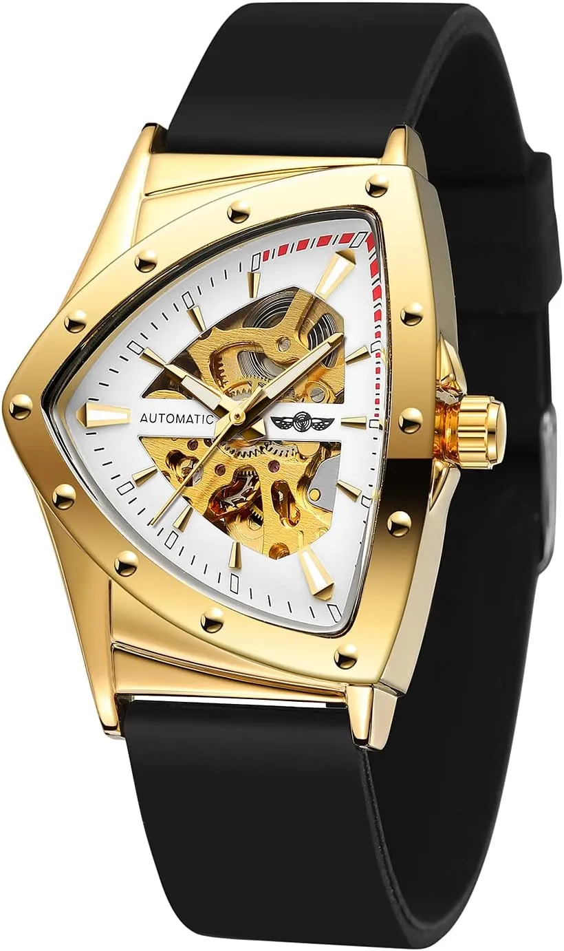 FORSINING New Men Waterproof Skeleton Triangular Mechanical Wrist Watch with Silicone Strap