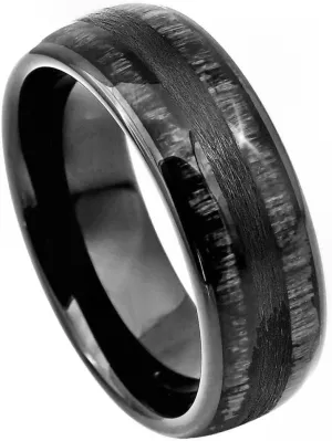 Free Personalized laser engraving Ring for Men and Ring for Women Domed Black IP Plated Charcoal Wood Inlay - 8mm Wedding Band Ring Ideal Rings for Couples
