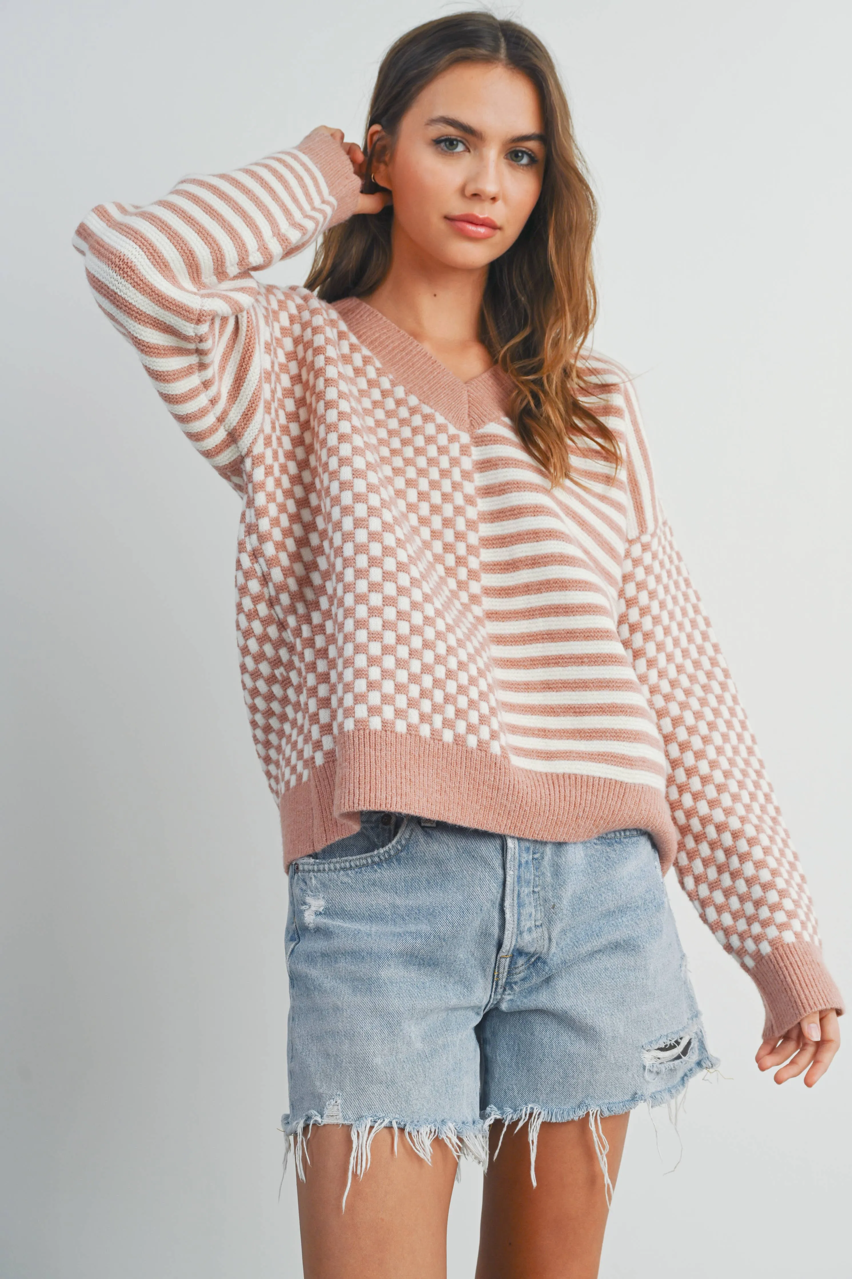 FRENCHY CHECKER PATTERN DROP SHOULDER SWEATER