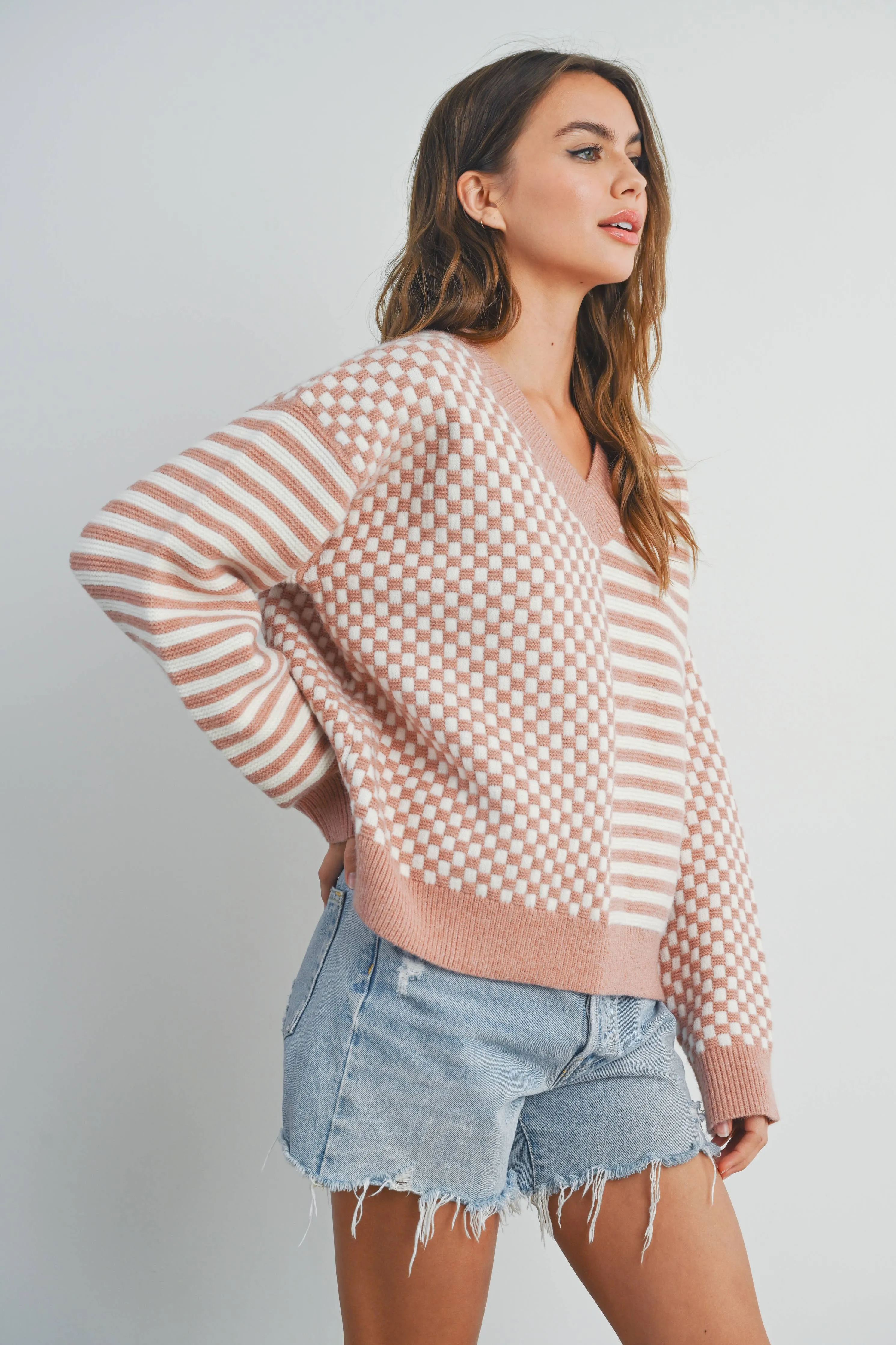 FRENCHY CHECKER PATTERN DROP SHOULDER SWEATER