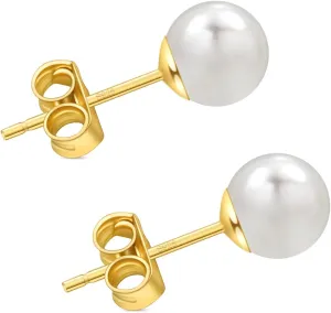 Freshwater Pearl Stud Earrings for Women, Hypoallergenic 18K Gold Vermeil Earrings Studs with Genuine Round White Pearls