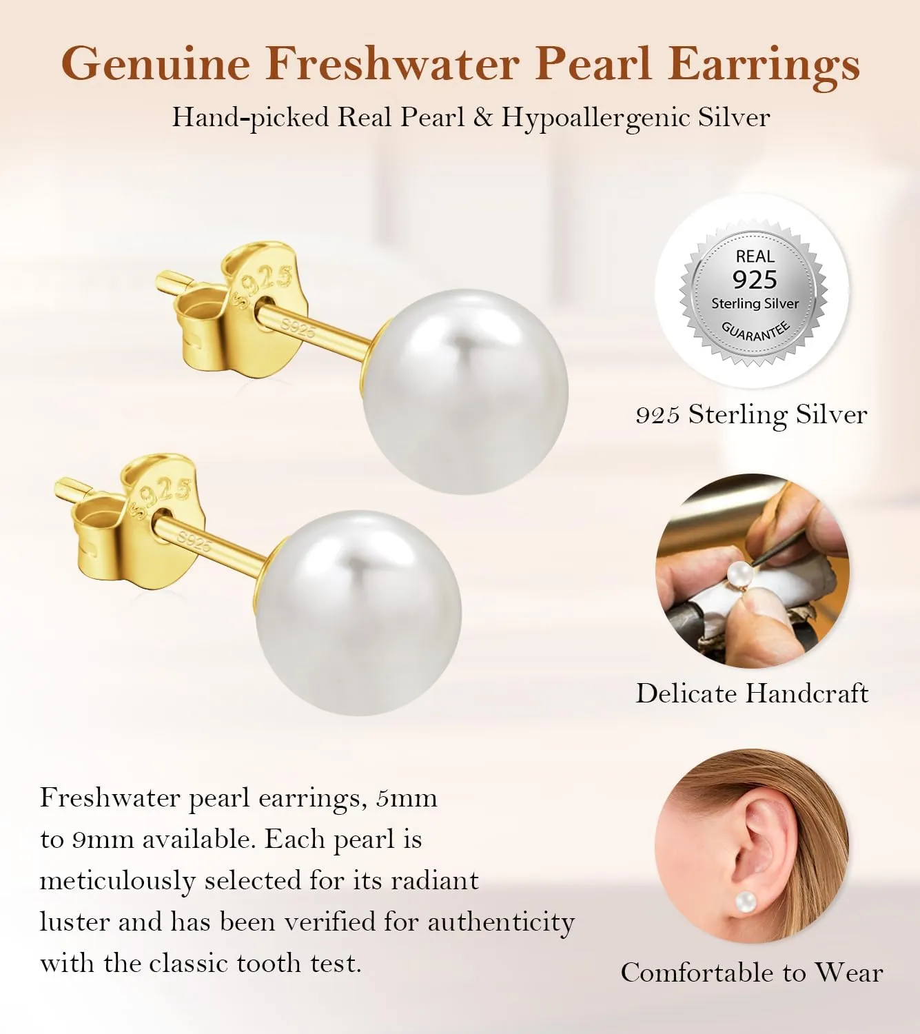 Freshwater Pearl Stud Earrings for Women, Hypoallergenic 18K Gold Vermeil Earrings Studs with Genuine Round White Pearls