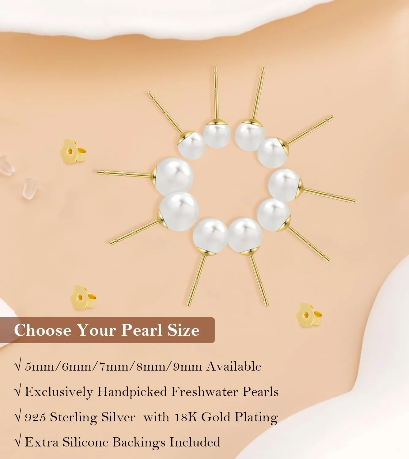 Freshwater Pearl Stud Earrings for Women, Hypoallergenic 18K Gold Vermeil Earrings Studs with Genuine Round White Pearls