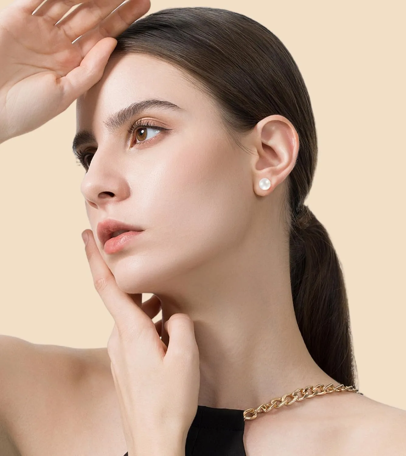 Freshwater Pearl Stud Earrings for Women, Hypoallergenic 18K Gold Vermeil Earrings Studs with Genuine Round White Pearls