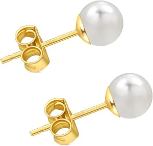 Freshwater Pearl Stud Earrings for Women, Hypoallergenic 18K Gold Vermeil Earrings Studs with Genuine Round White Pearls