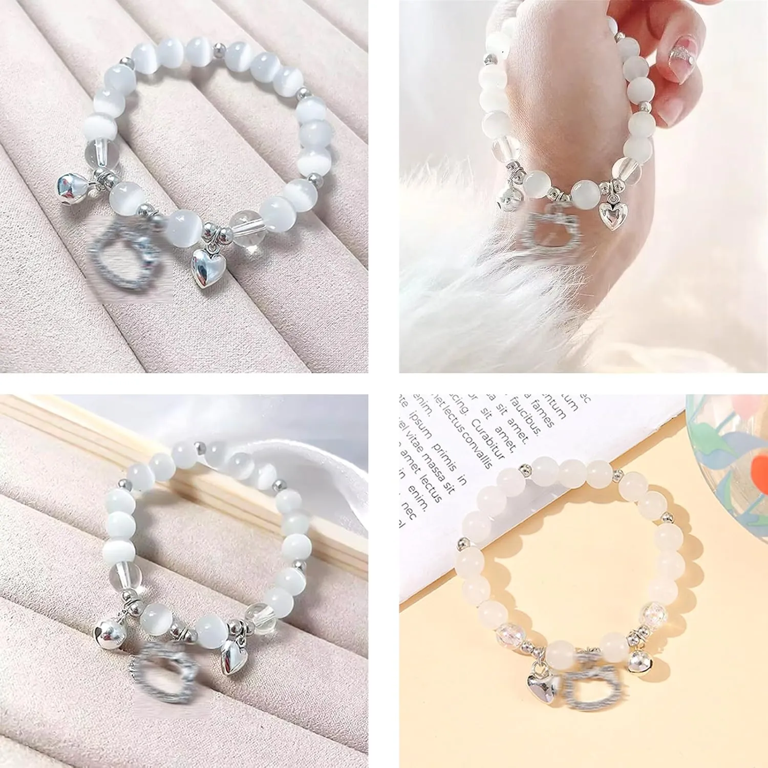 Friendship Bracelets Set, Trendy Crystal Beads Cat & Heart & Bell Charm Bracelets