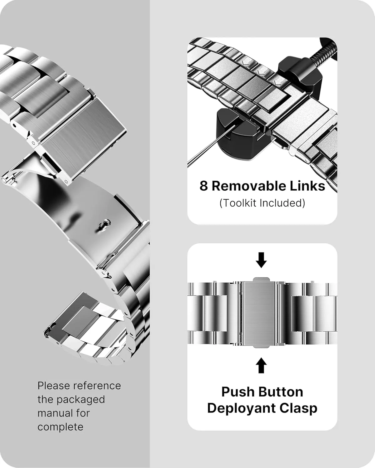 Fullmosa Watch Band, Quick Release Stainless Steel Replacement for Men Women, Metal Chain Watch Strap Width 16mm 18mm 19mm 20mm 22mm 24mm, Silver, 20mm