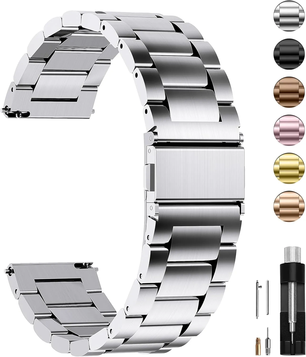 Fullmosa Watch Band, Quick Release Stainless Steel Replacement for Men Women, Metal Chain Watch Strap Width 16mm 18mm 19mm 20mm 22mm 24mm, Silver, 20mm