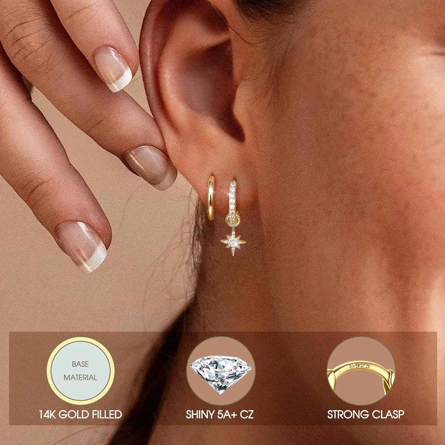 FUNRUN JEWELRY Sterling Silver Post Gold Hoop Earrings for Women, 14K Gold Huggie Earrings and Charm Set, Hypoallergenic Small Dangle Hoop Earring for Women Trendy