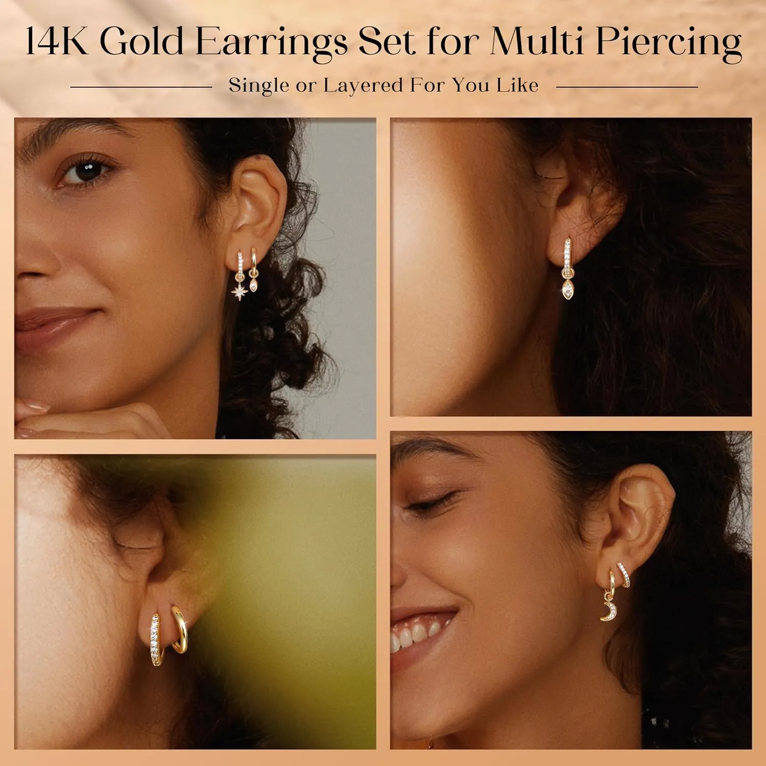 FUNRUN JEWELRY Sterling Silver Post Gold Hoop Earrings for Women, 14K Gold Huggie Earrings and Charm Set, Hypoallergenic Small Dangle Hoop Earring for Women Trendy