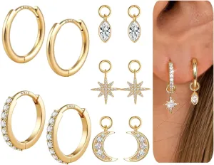 FUNRUN JEWELRY Sterling Silver Post Gold Hoop Earrings for Women, 14K Gold Huggie Earrings and Charm Set, Hypoallergenic Small Dangle Hoop Earring for Women Trendy