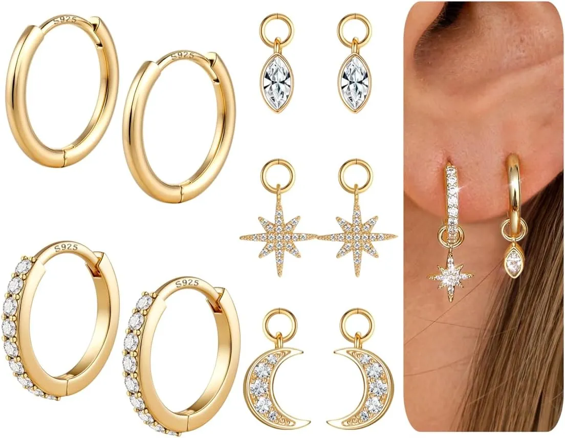 FUNRUN JEWELRY Sterling Silver Post Gold Hoop Earrings for Women, 14K Gold Huggie Earrings and Charm Set, Hypoallergenic Small Dangle Hoop Earring for Women Trendy