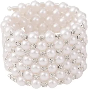 Fuqimanman2020 Multi Row Imitition Pearl Stretch Bracelet Stackable Crystal Strand Multi-Layered Elastic Bangle for Women 1920s Costume Vintage Bridal Wedding Jewelry-Silver A