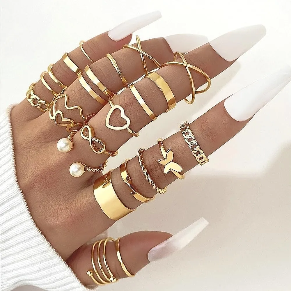 GIGB PBDK 27Pcs Gold Knuckle Rings Set Trendy Chunky Crystal Rhinestone Butterfly Midi Ring Dainty Aesthetic Jewelry Accessory Gift for Women