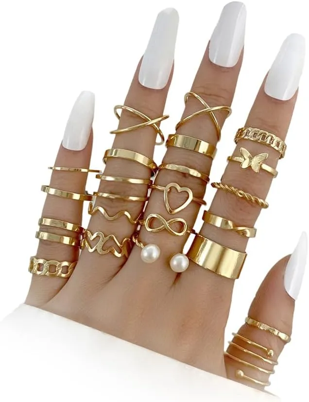 GIGB PBDK 27Pcs Gold Knuckle Rings Set Trendy Chunky Crystal Rhinestone Butterfly Midi Ring Dainty Aesthetic Jewelry Accessory Gift for Women
