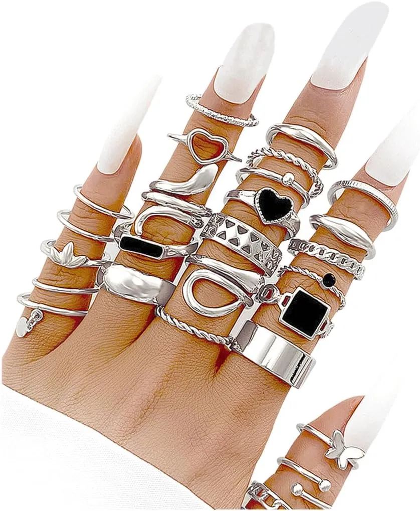 GIGB PBDK 27Pcs Gold Knuckle Rings Set Trendy Chunky Crystal Rhinestone Butterfly Midi Ring Dainty Aesthetic Jewelry Accessory Gift for Women