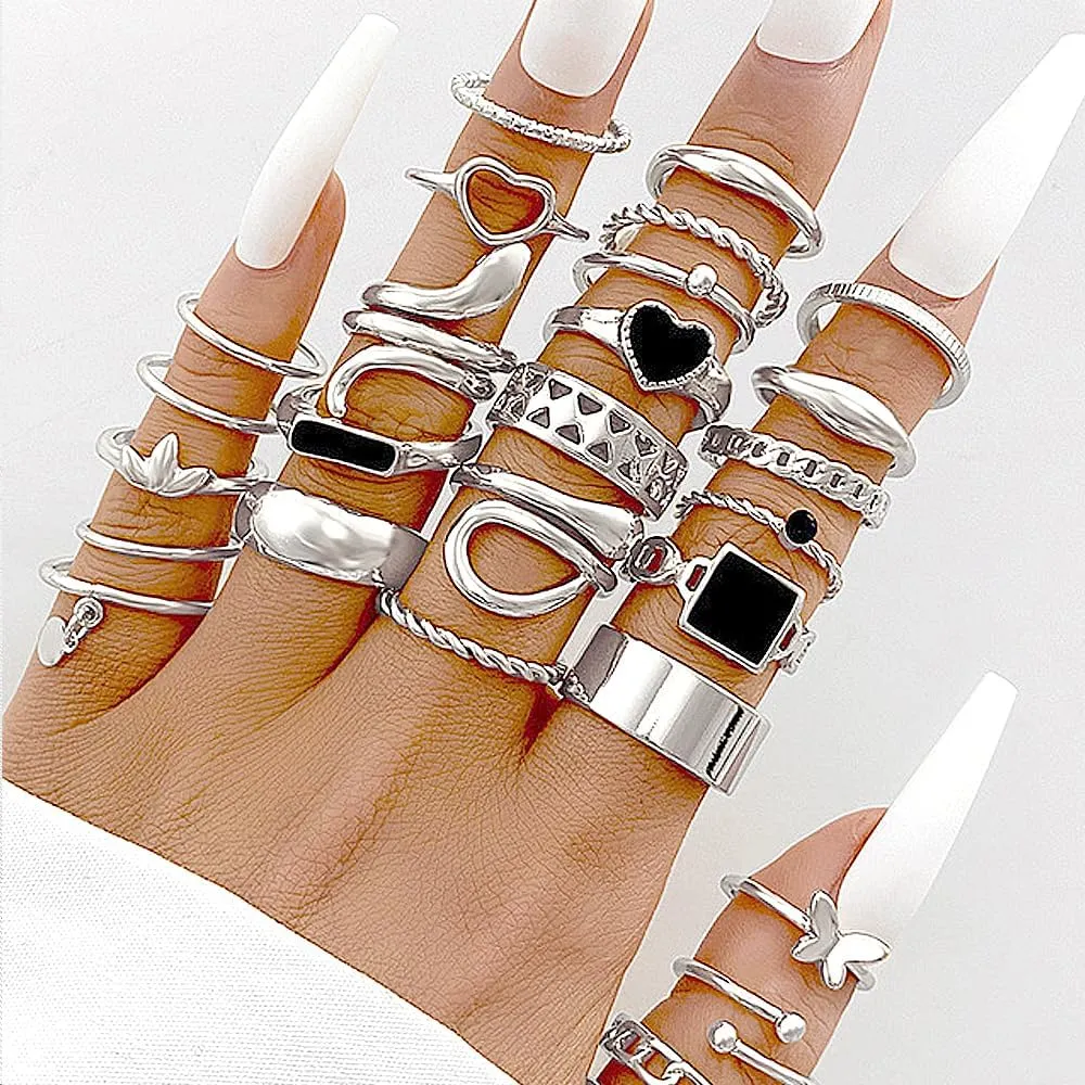GIGB PBDK 27Pcs Gold Knuckle Rings Set Trendy Chunky Crystal Rhinestone Butterfly Midi Ring Dainty Aesthetic Jewelry Accessory Gift for Women
