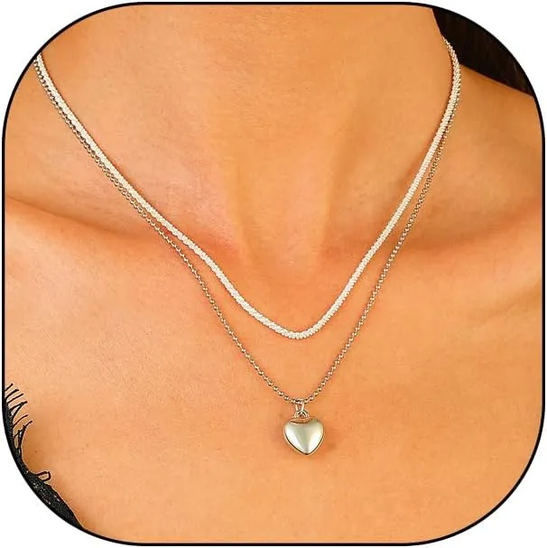 GIGB PBDK Silver Heart Pendant Beads Necklace Set for Women Shiny Multilayer Stacked Tiny Love Clavicle Chain Minimalist Beaded Choker Anniversary Jewelry Gift
