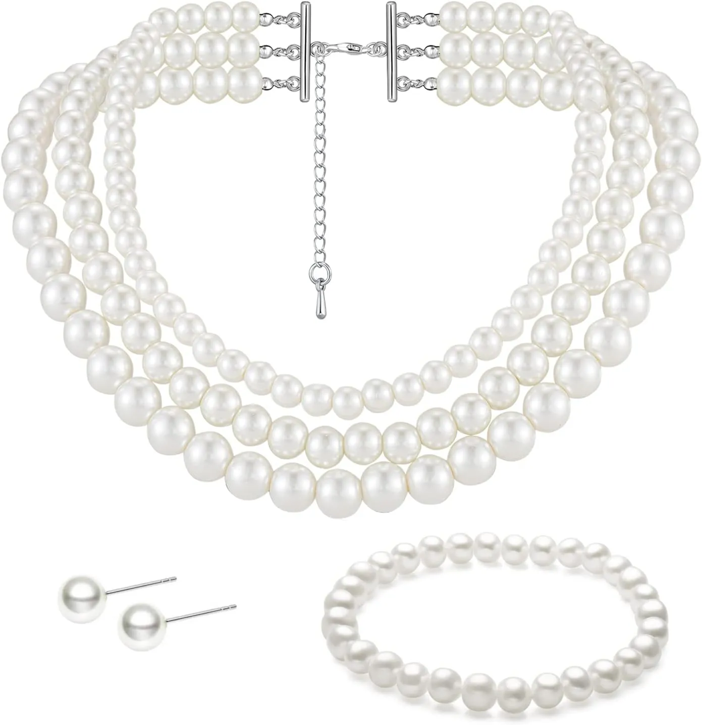 Gionforsy White Pearl Necklace Jewelry Set Muti Strand Bridal Pearl Necklace 1920s Gatsby Pearl Necklace for Wedding
