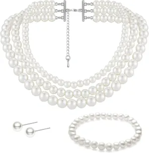Gionforsy White Pearl Necklace Jewelry Set Muti Strand Bridal Pearl Necklace 1920s Gatsby Pearl Necklace for Wedding