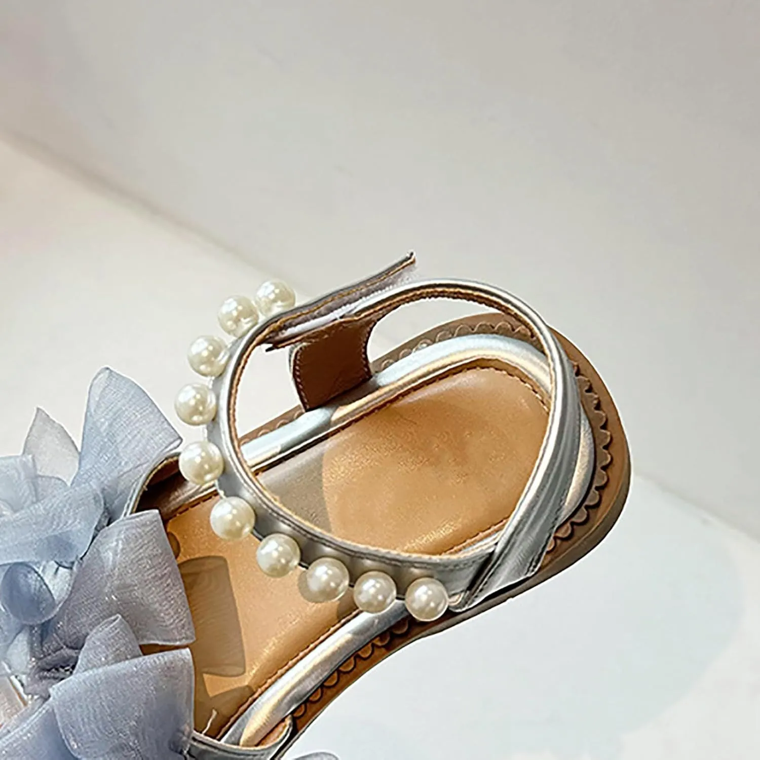 Girls Summer Sandals Mesh Pearl Beaded Ankle Strap Soft Sole Flats Open Toe Bow Flower Pump Dress Wedding Shoes