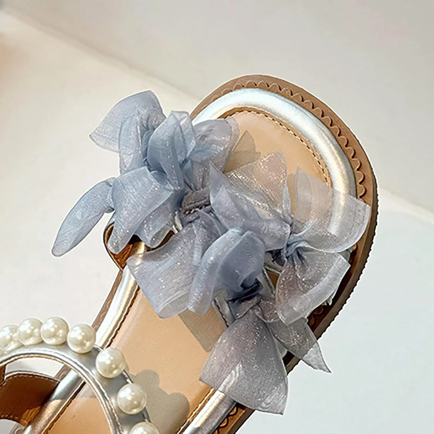 Girls Summer Sandals Mesh Pearl Beaded Ankle Strap Soft Sole Flats Open Toe Bow Flower Pump Dress Wedding Shoes