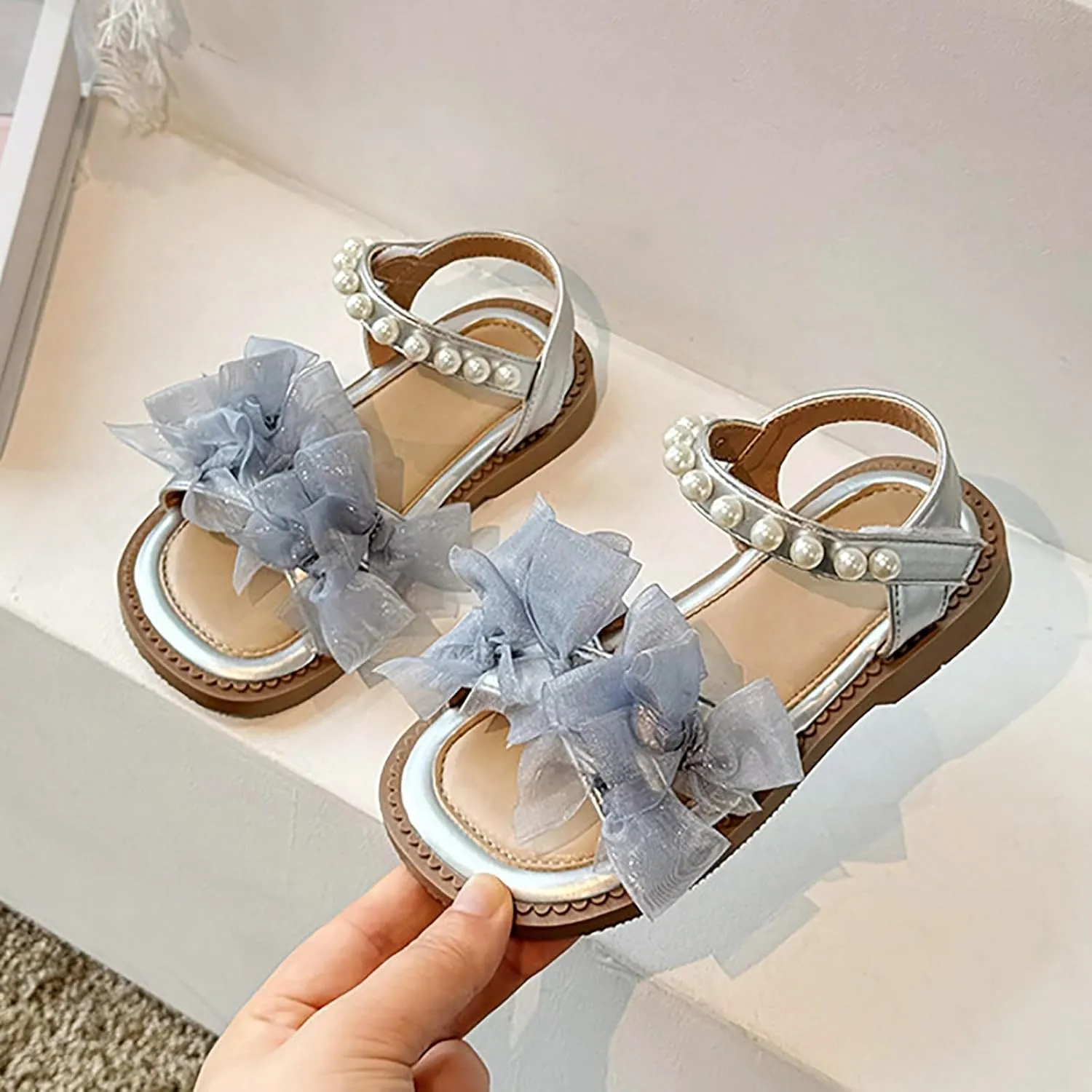 Girls Summer Sandals Mesh Pearl Beaded Ankle Strap Soft Sole Flats Open Toe Bow Flower Pump Dress Wedding Shoes