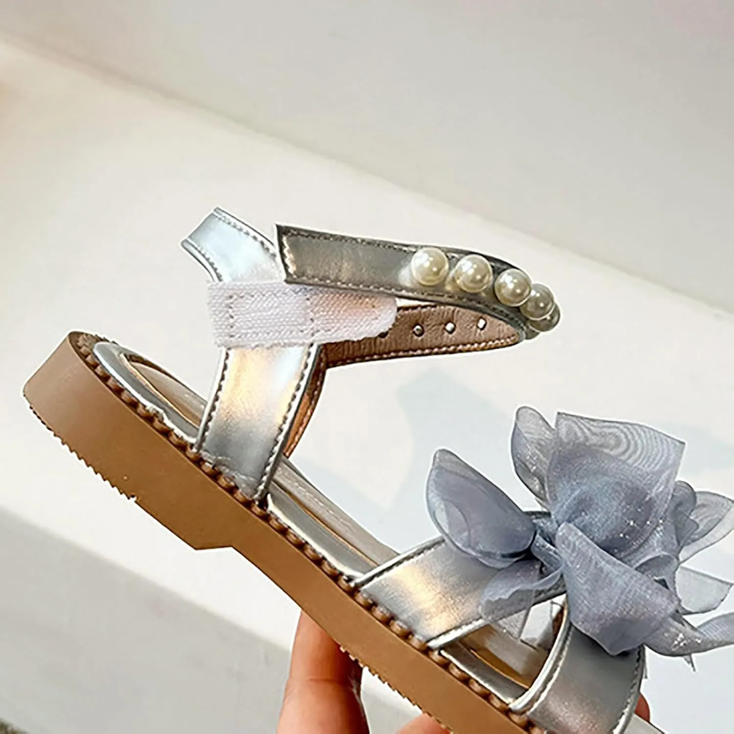 Girls Summer Sandals Mesh Pearl Beaded Ankle Strap Soft Sole Flats Open Toe Bow Flower Pump Dress Wedding Shoes