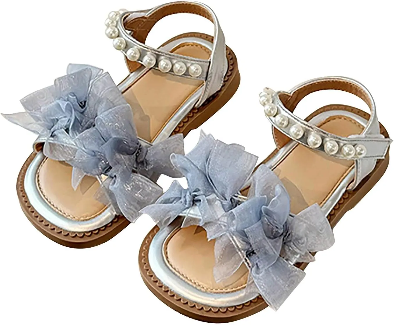 Girls Summer Sandals Mesh Pearl Beaded Ankle Strap Soft Sole Flats Open Toe Bow Flower Pump Dress Wedding Shoes