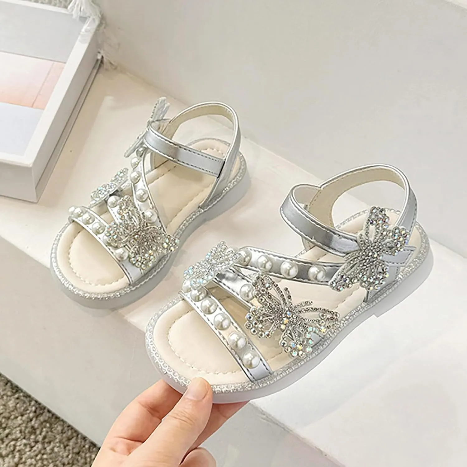 Girls T-Strap Beaded Flower Rhinestone Flats Sandals Cute Butterfly Dress Shoes Pearl Crystal Boho Beach Shoes