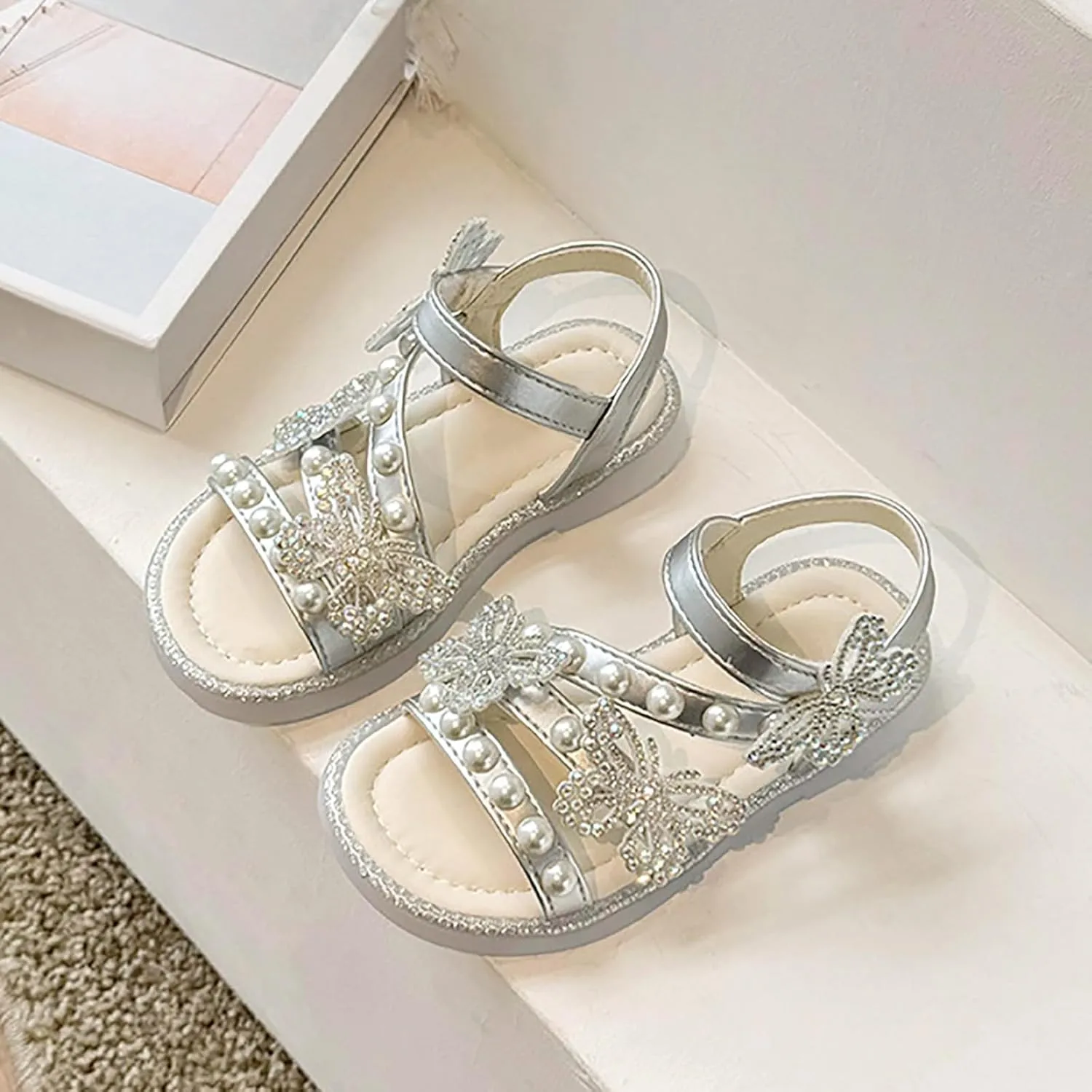Girls T-Strap Beaded Flower Rhinestone Flats Sandals Cute Butterfly Dress Shoes Pearl Crystal Boho Beach Shoes