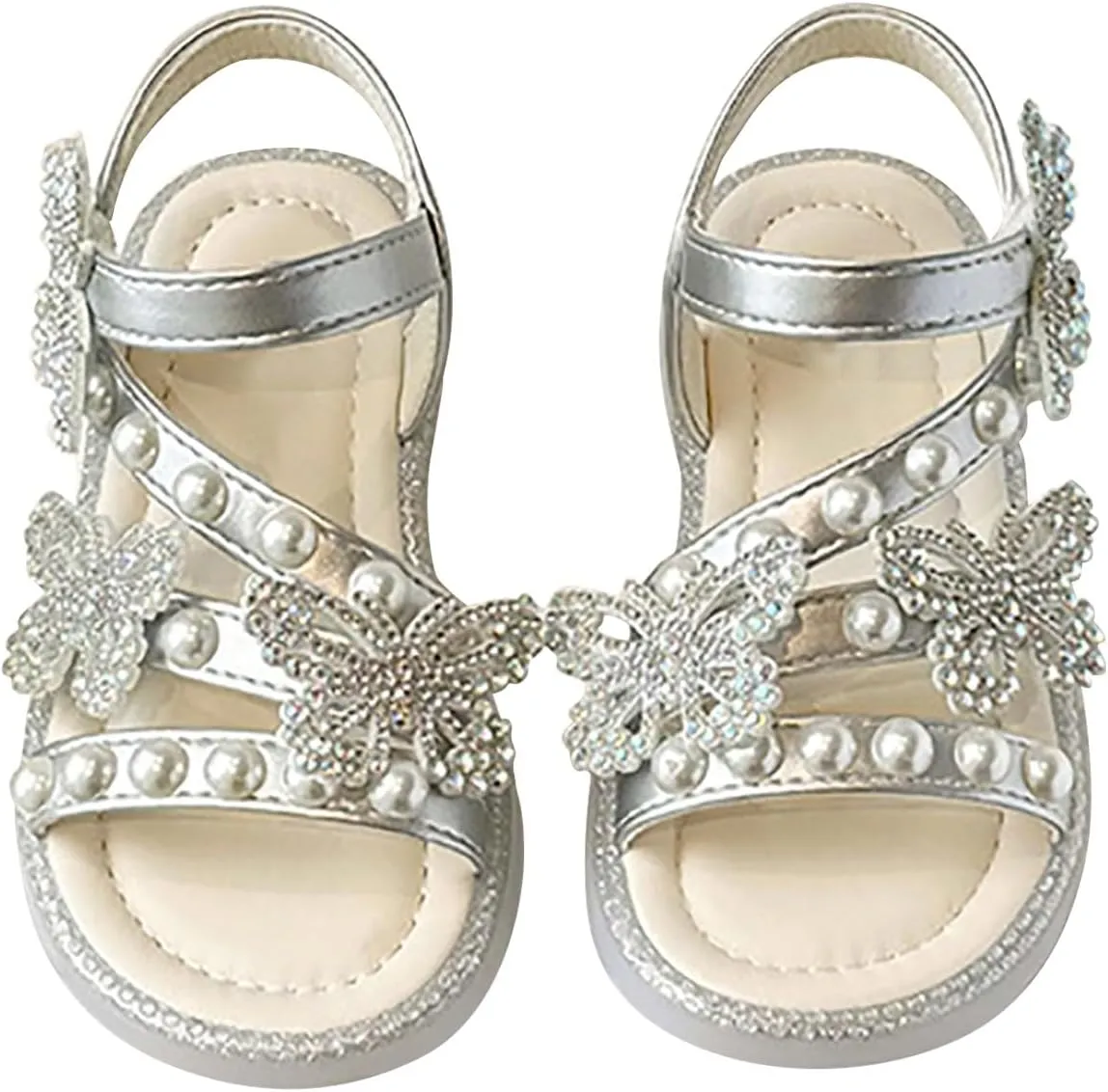 Girls T-Strap Beaded Flower Rhinestone Flats Sandals Cute Butterfly Dress Shoes Pearl Crystal Boho Beach Shoes